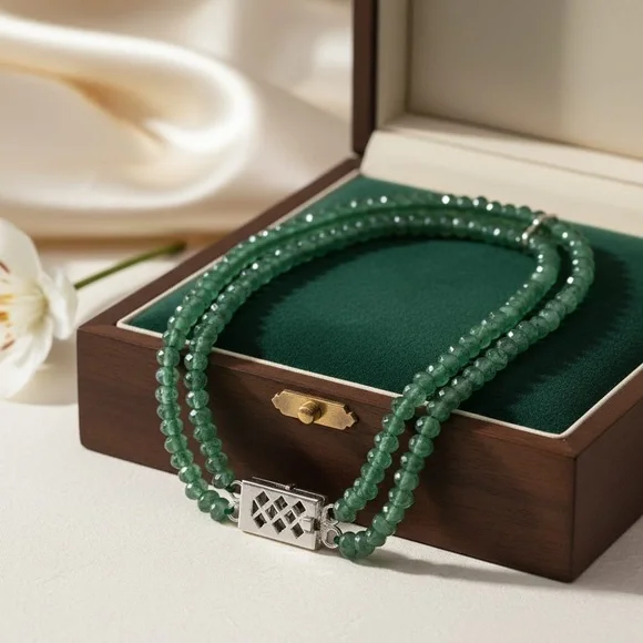 Faceted Emerald Beads Double Strand Bracelet with Sterling Silver Box Clasp - Picture 2 of 3